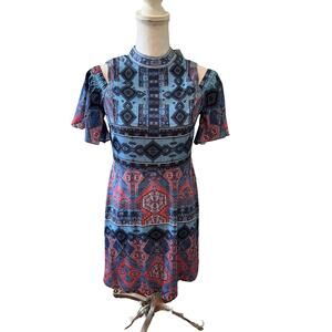 Mock Neck Fit & Flare Dress Blue Batik Print S